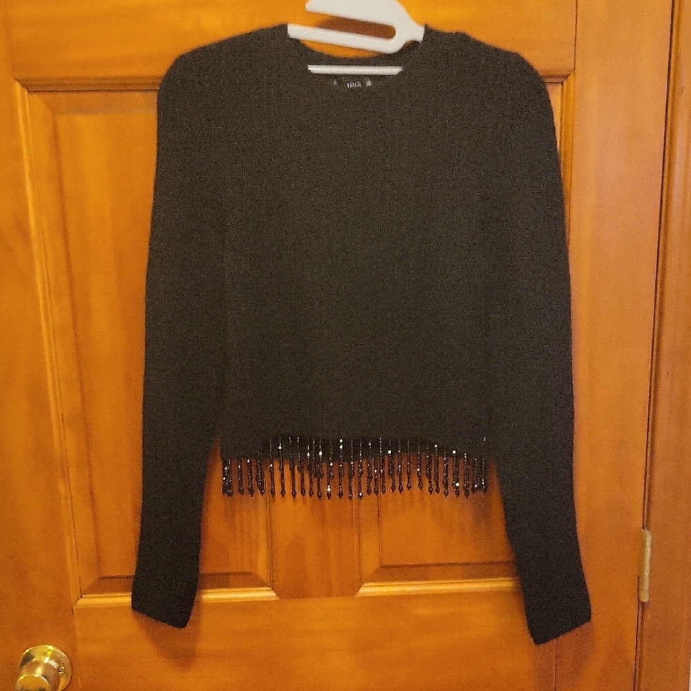 Mango Black Sweater with Beaded Fringe